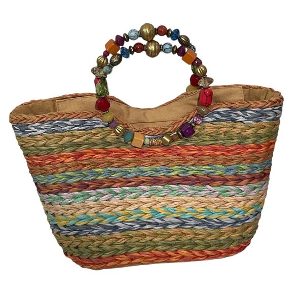 Cappelli Straworld Rainbow Striped Woven Handbag Purse Tote Beaded Jewel Handle - Picture 1 of 7
